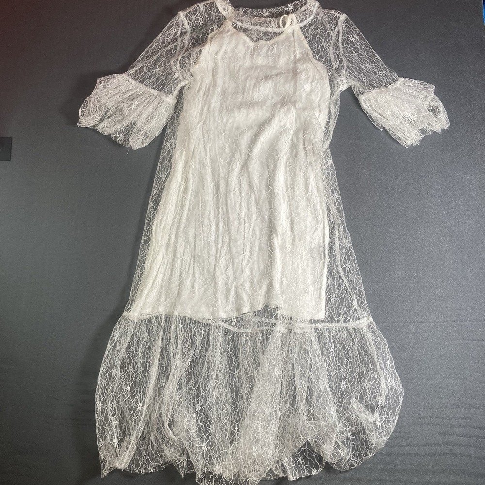 POL White Lace Overlay Slip Dress Size S Boho Sheer Bell Sleeve Midi Festival